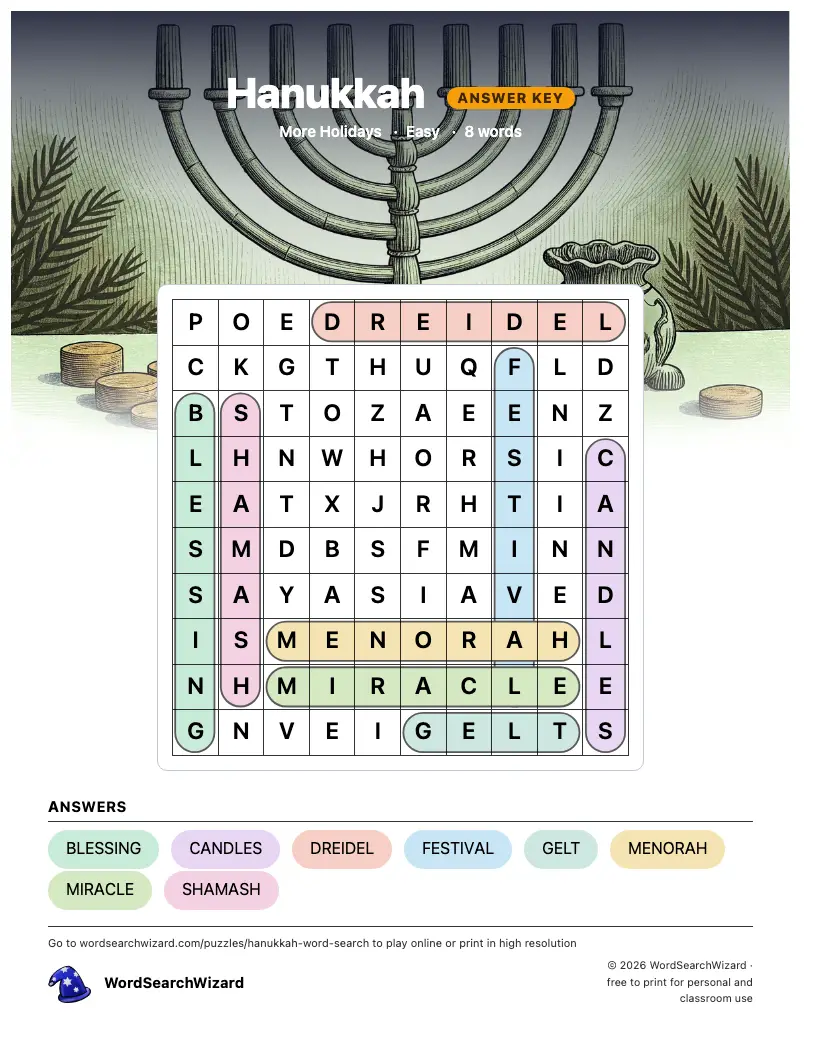 Hanukkah word search answer key, all 8 words marked