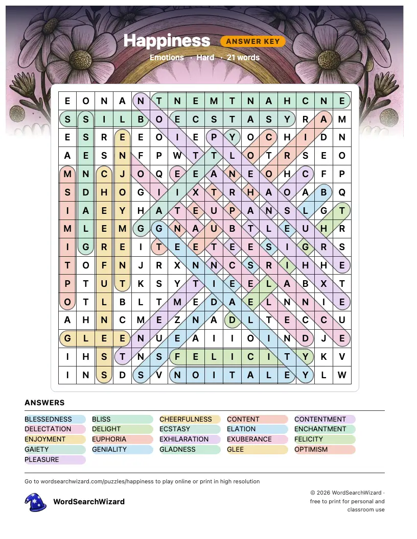 Happiness word search answer key, all 21 words marked
