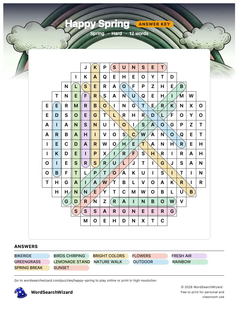 Happy Spring word search answer key, all 12 words marked