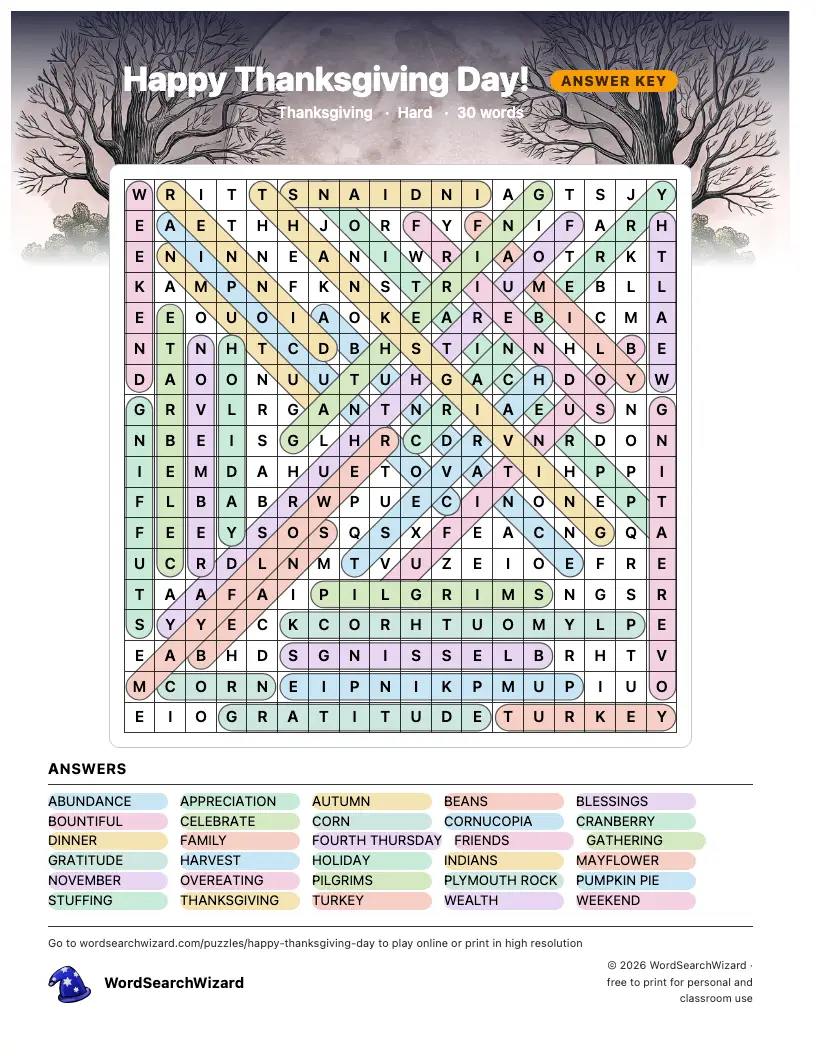 Happy Thanksgiving Day! word search answer key, all 30 words marked