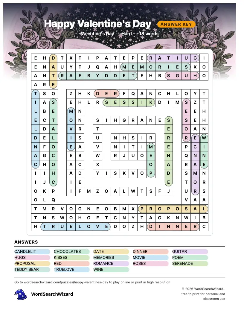 Happy Valentine's Day word search answer key, all 18 words marked
