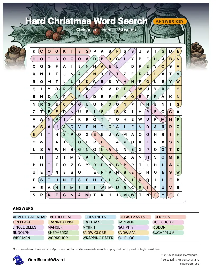 Hard Christmas word search answer key, all 24 words marked