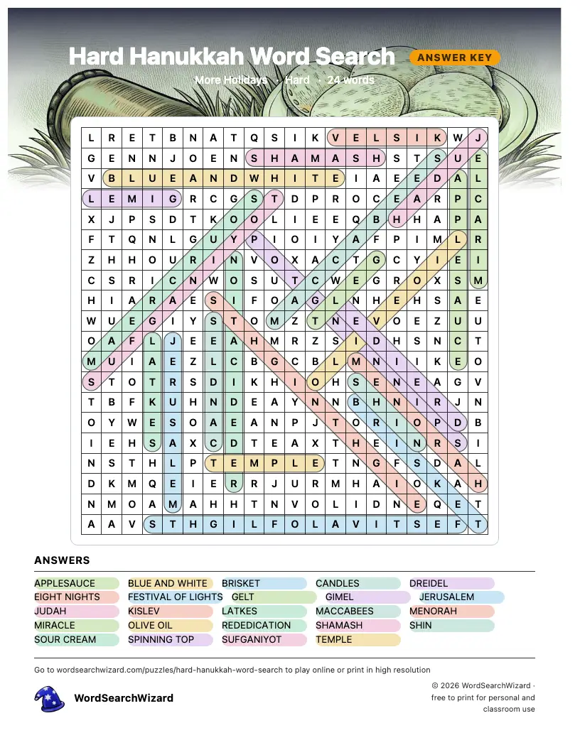 Hard Hanukkah word search answer key, all 24 words marked