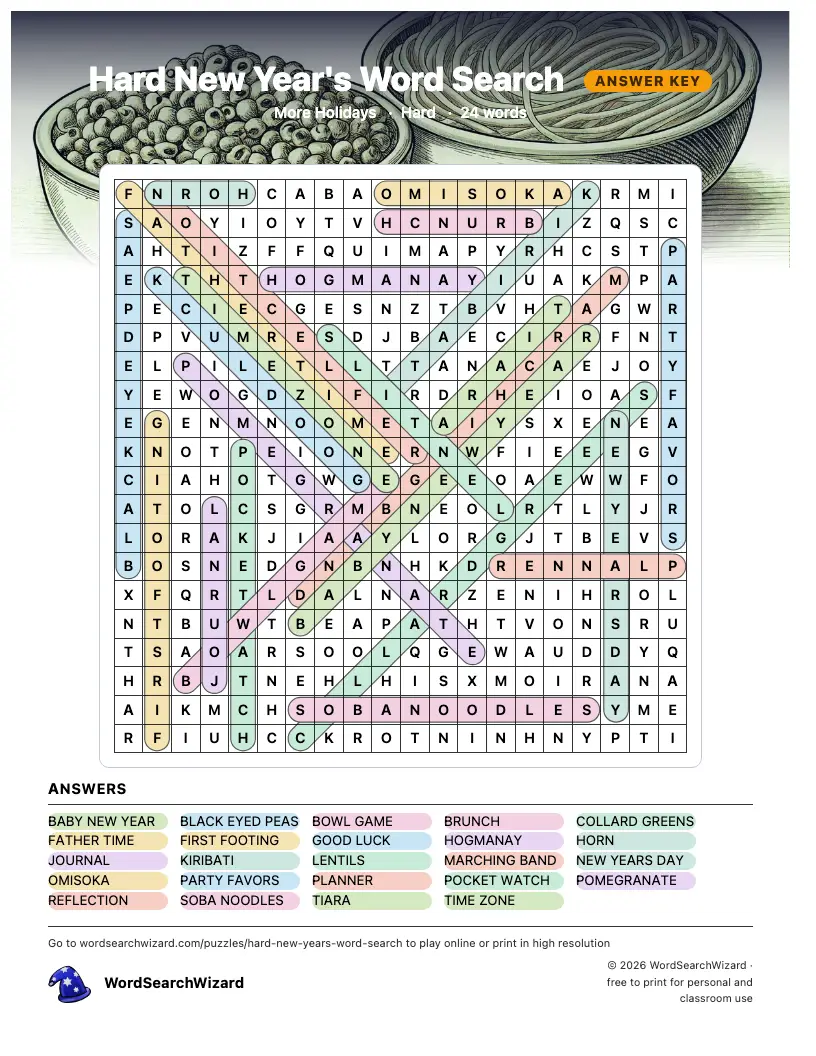 Hard New Year's word search answer key, all 24 words marked