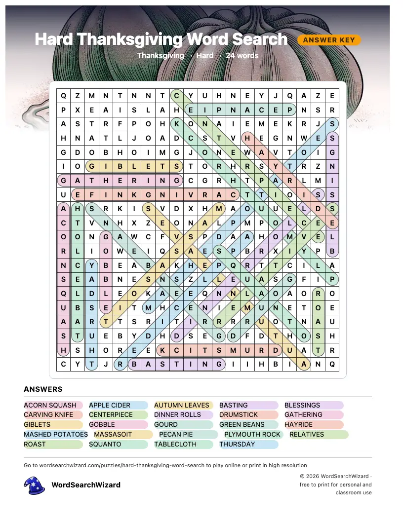 Hard Thanksgiving word search answer key, all 24 words marked