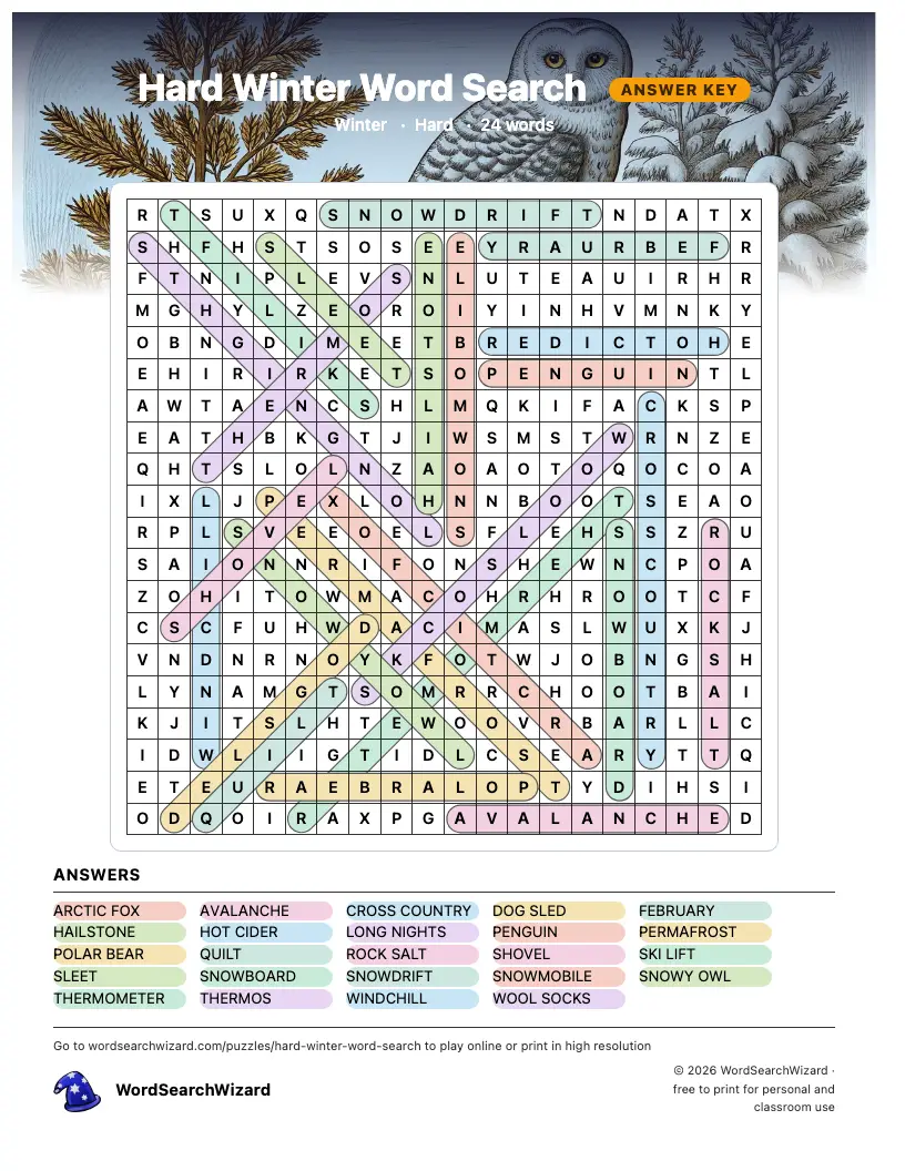 Hard Winter word search answer key, all 24 words marked