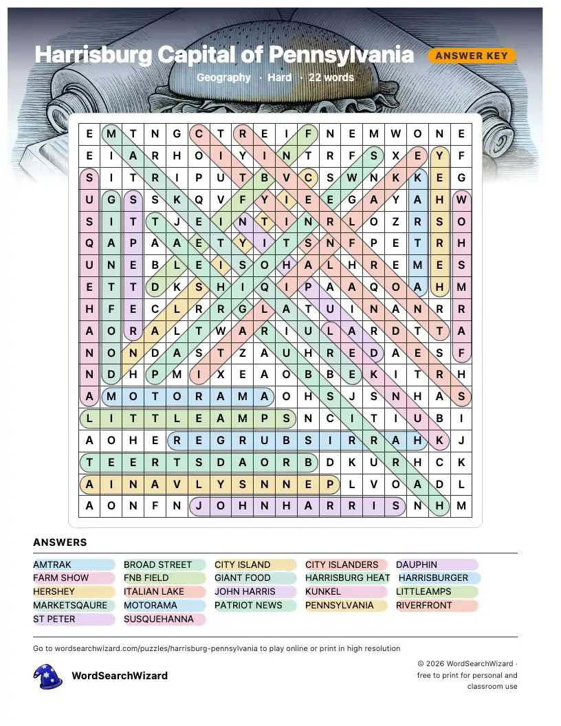 Harrisburg Capital of Pennsylvania word search answer key, all 22 words marked