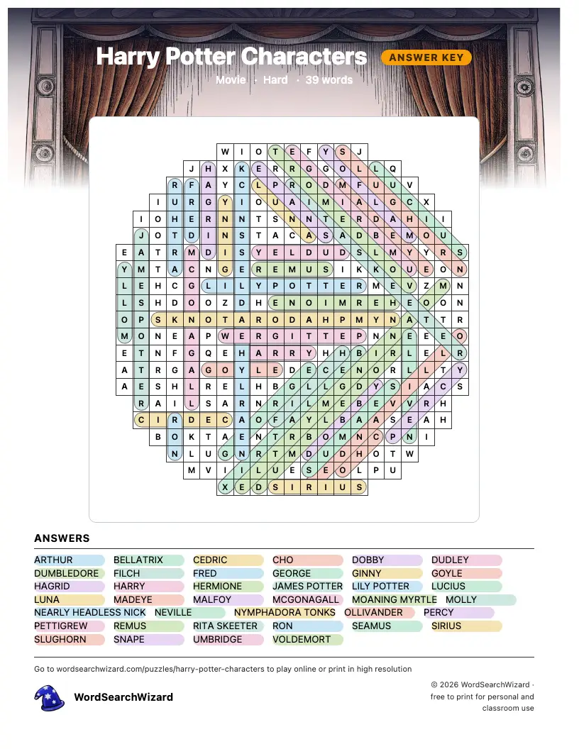 Harry Potter Characters word search answer key, all 39 words marked