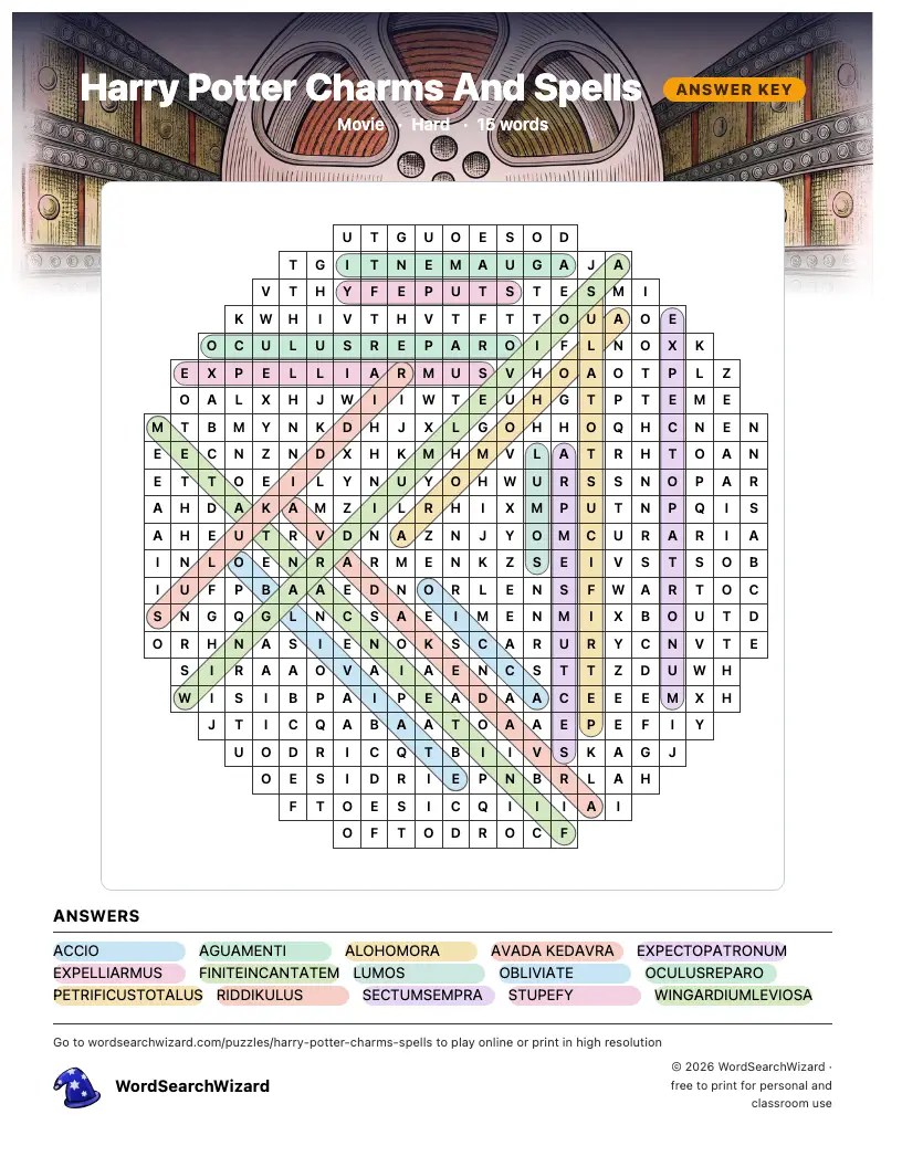 Harry Potter Charms And Spells word search answer key, all 15 words marked