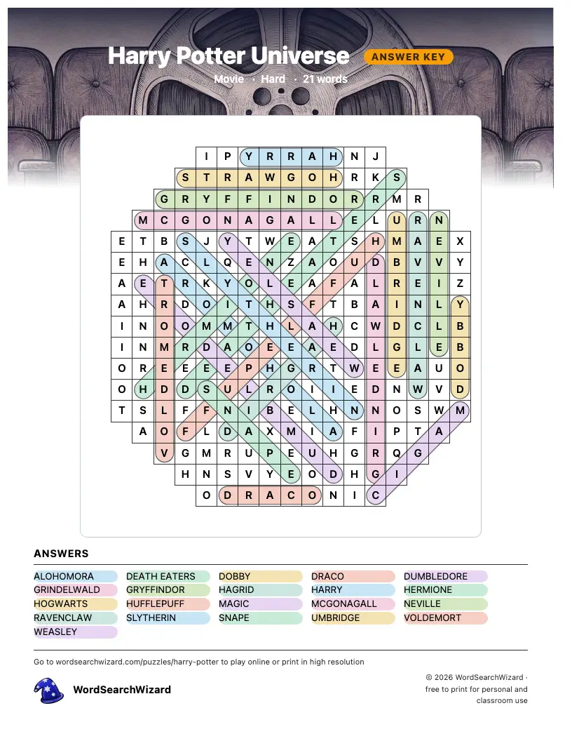 Harry Potter Universe word search answer key, all 21 words marked