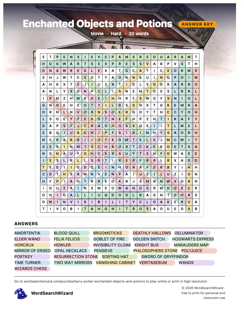 Enchanted Objects and Potions word search answer key, all 30 words marked