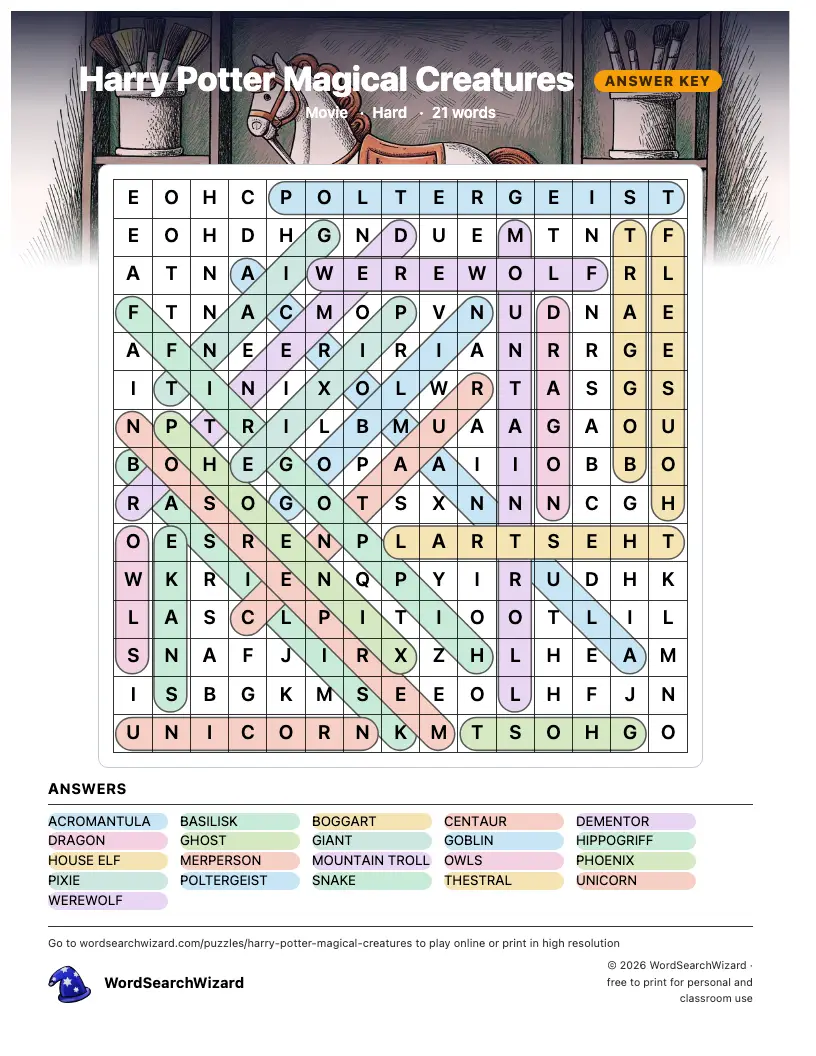 Harry Potter Magical Creatures word search answer key, all 21 words marked