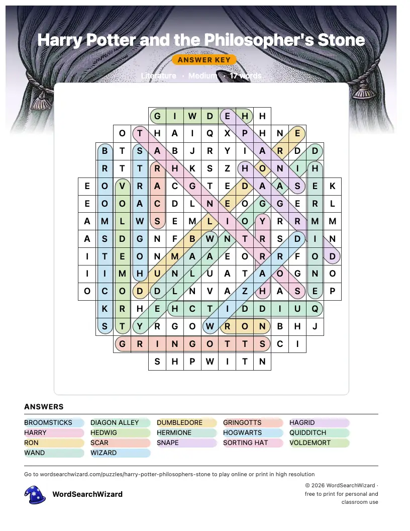 Harry Potter and the Philosopher's Stone word search answer key, all 17 words marked