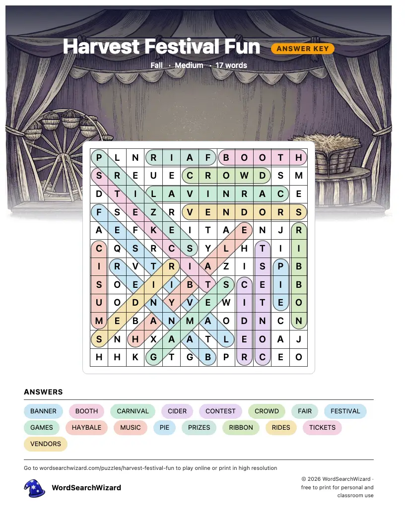 Harvest Festival Fun word search answer key, all 17 words marked