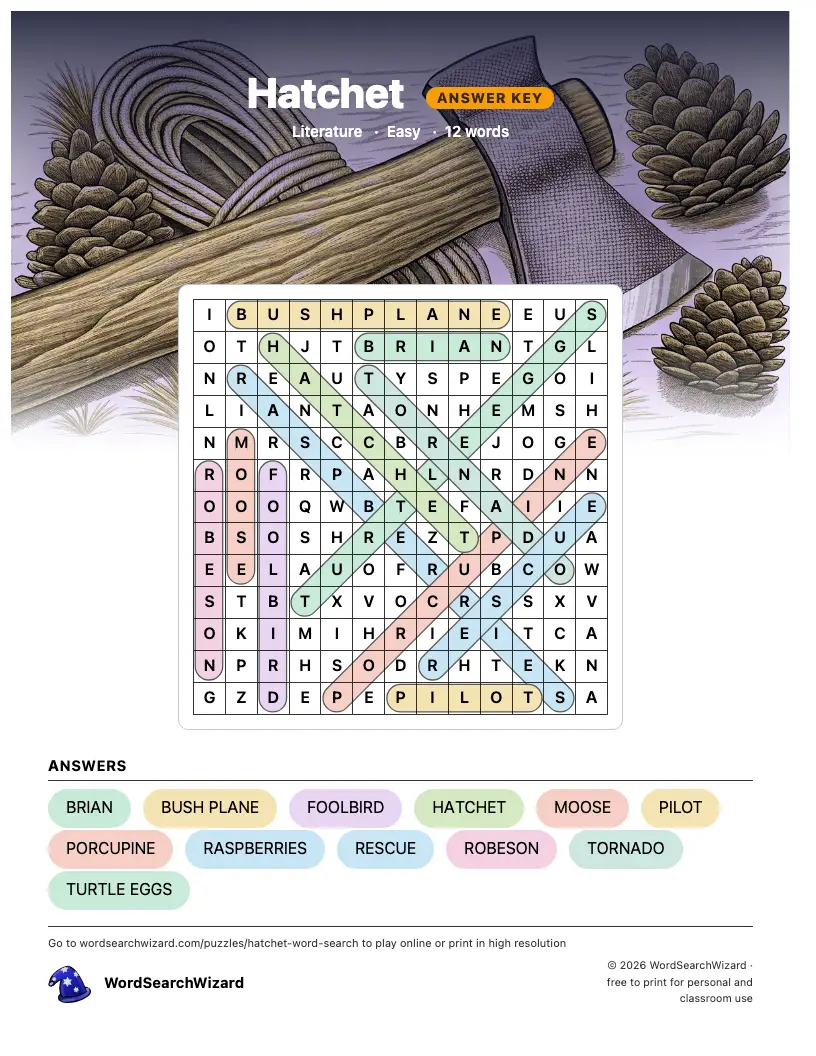 Hatchet word search answer key, all 12 words marked