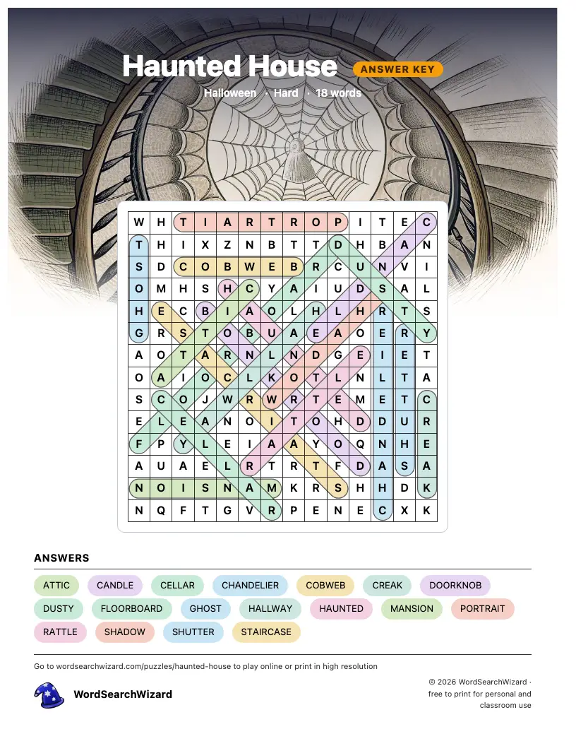 Haunted House word search answer key, all 18 words marked