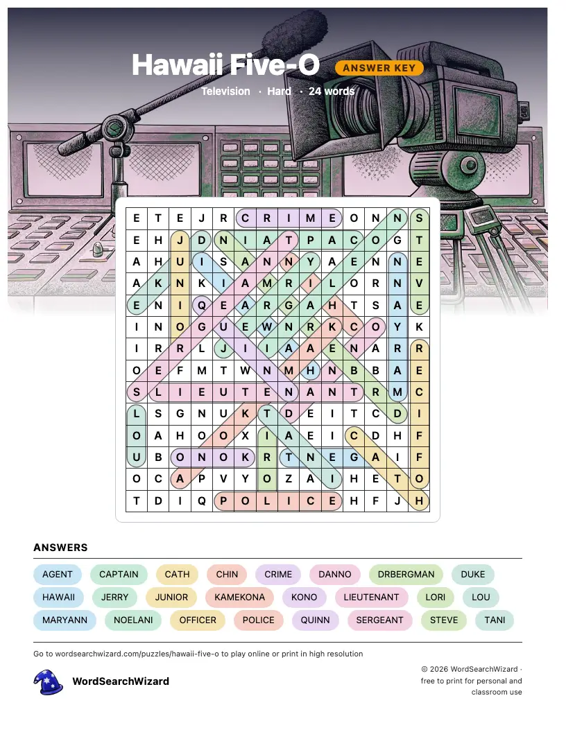 Hawaii Five-O word search answer key, all 24 words marked