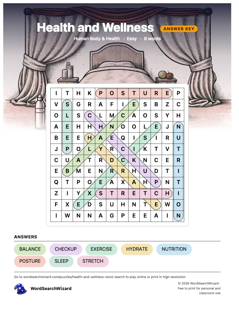 Health and Wellness word search answer key, all 8 words marked
