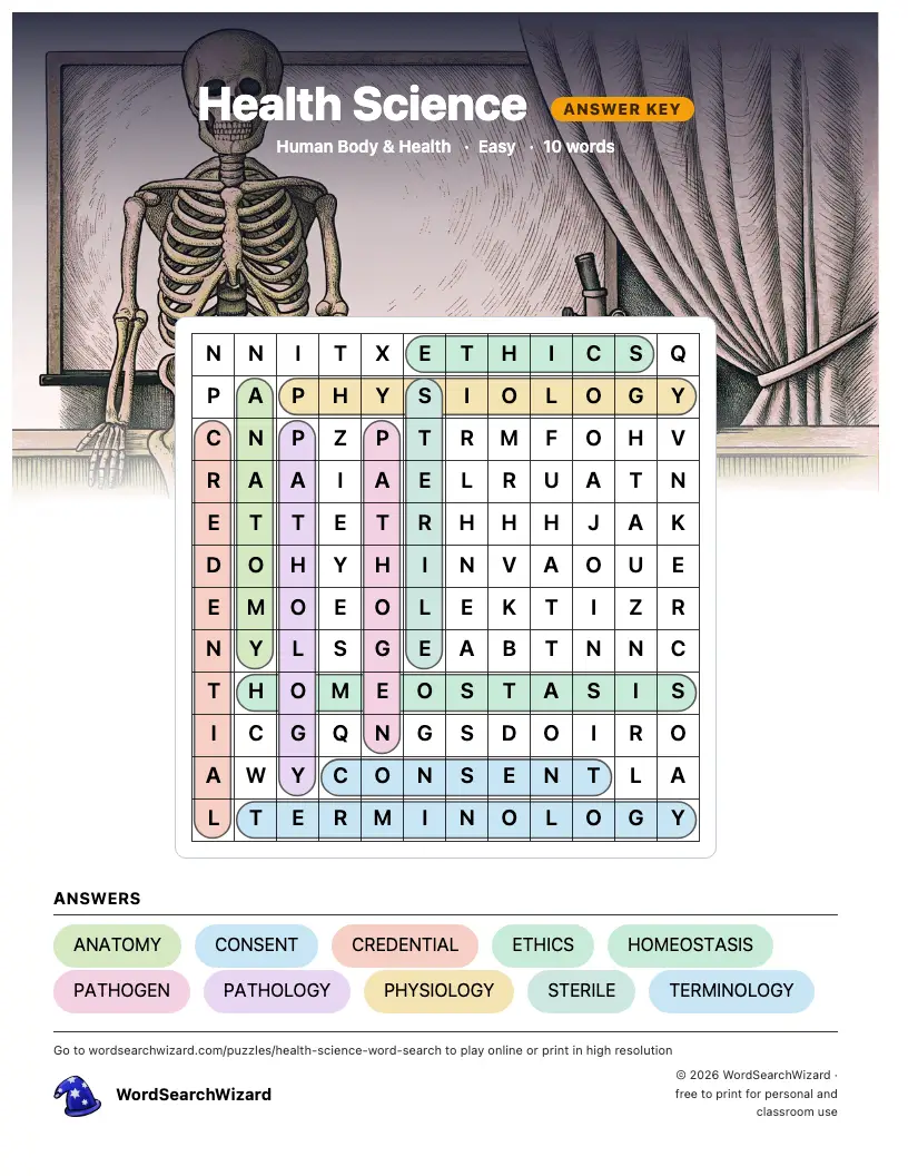 Health Science word search answer key, all 10 words marked