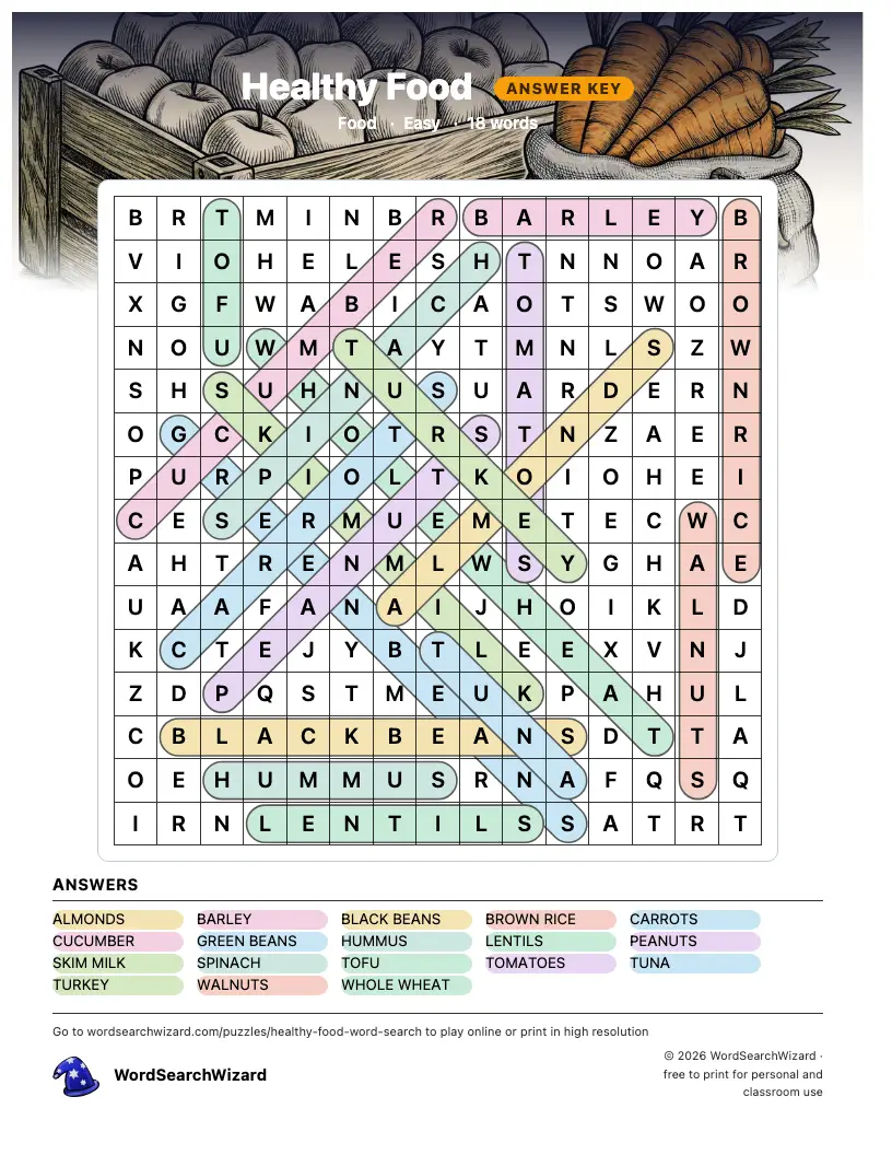Healthy Food word search answer key, all 18 words marked
