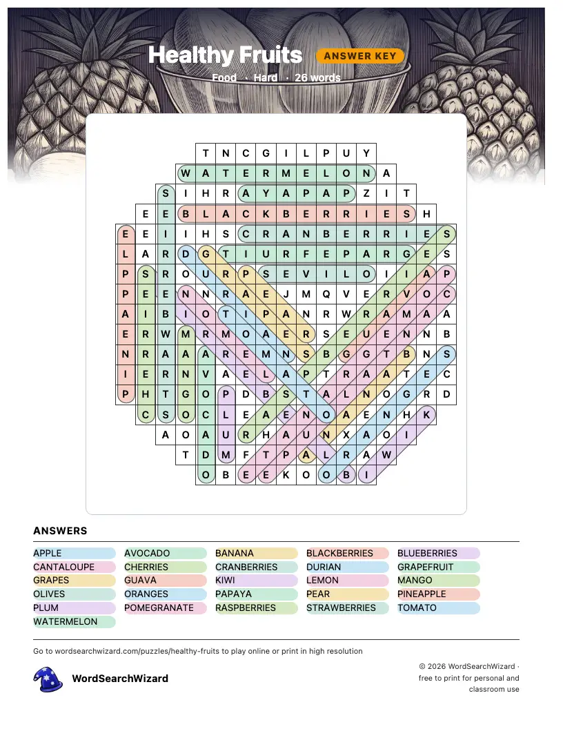 Healthy Fruits word search answer key, all 26 words marked