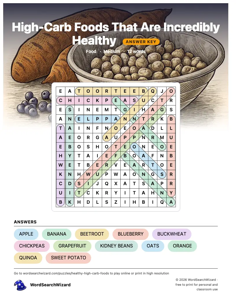 High-Carb Foods That Are Incredibly Healthy word search answer key, all 12 words marked