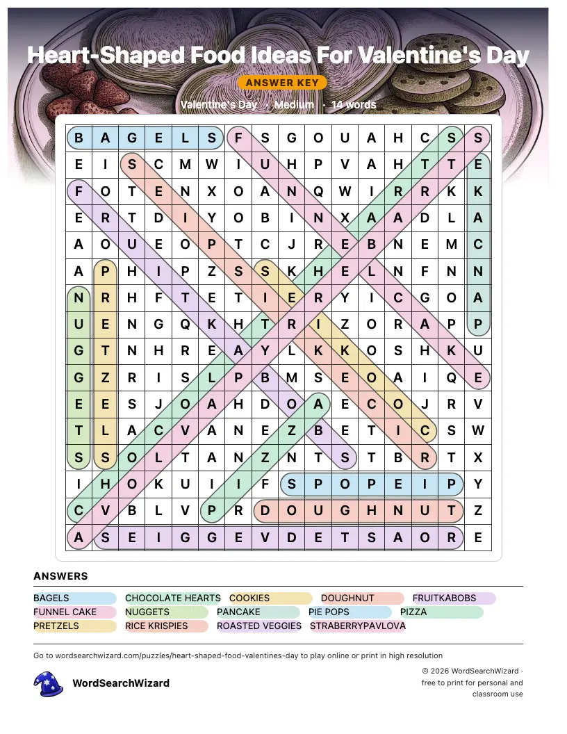Heart-Shaped Food Ideas For Valentine's Day word search answer key, all 14 words marked
