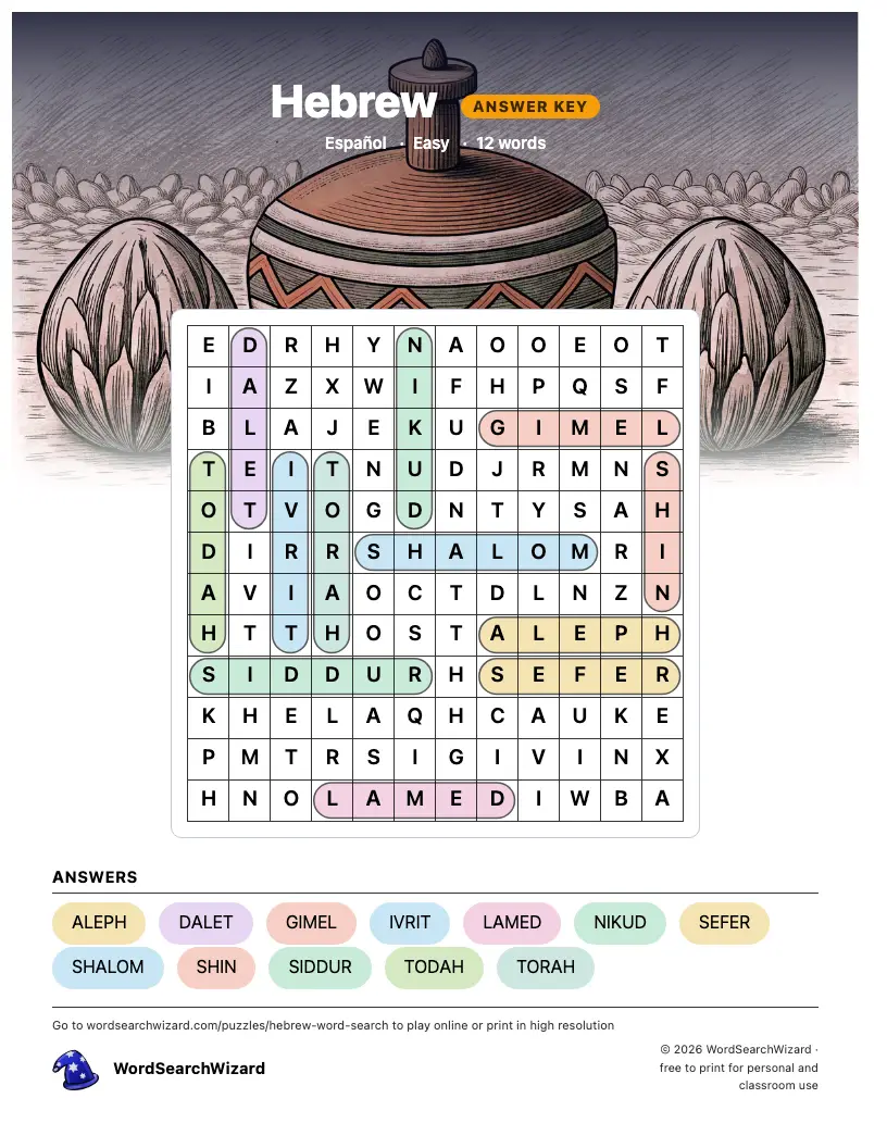 Hebrew word search answer key, all 12 words marked