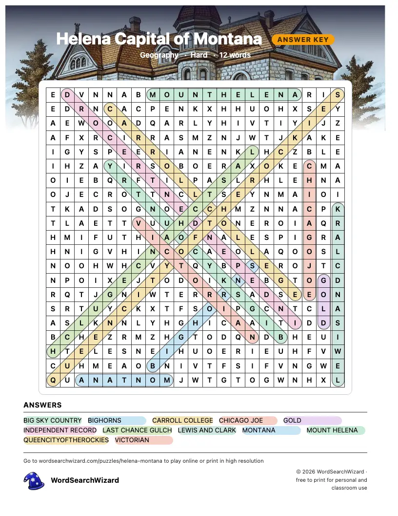 Helena Capital of Montana word search answer key, all 12 words marked