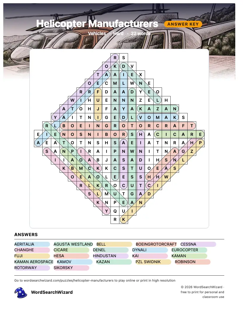 Helicopter Manufacturers word search answer key, all 22 words marked