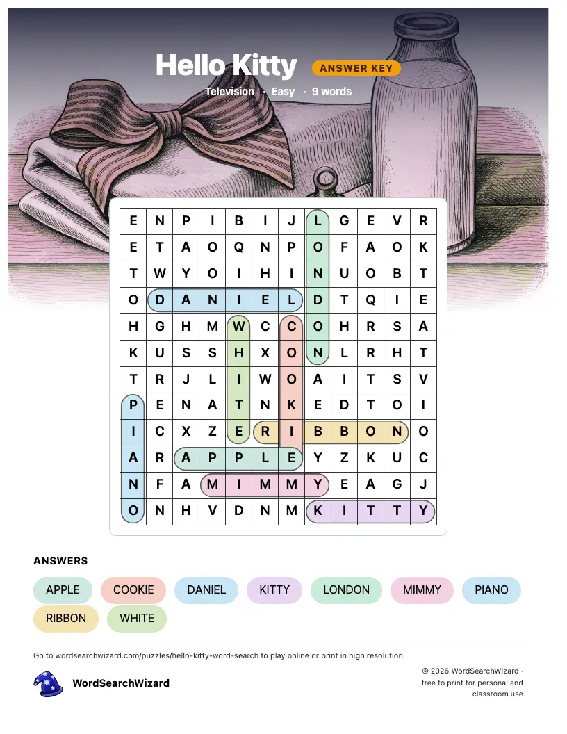 Hello Kitty word search answer key, all 9 words marked