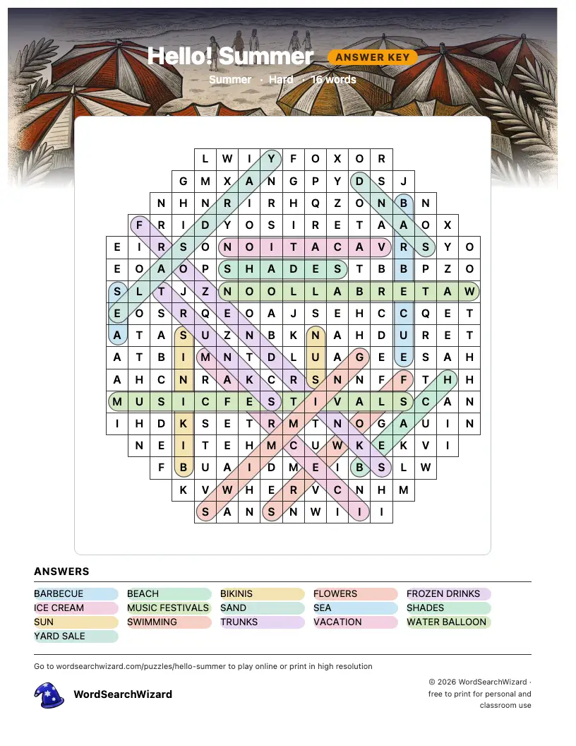 Hello! Summer word search answer key, all 16 words marked