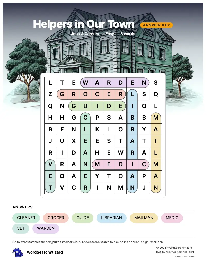 Helpers in Our Town word search answer key, all 8 words marked