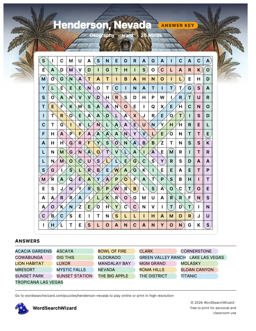 Henderson, Nevada word search answer key, all 26 words marked