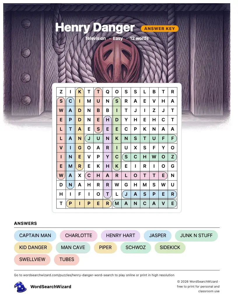 Henry Danger word search answer key, all 12 words marked