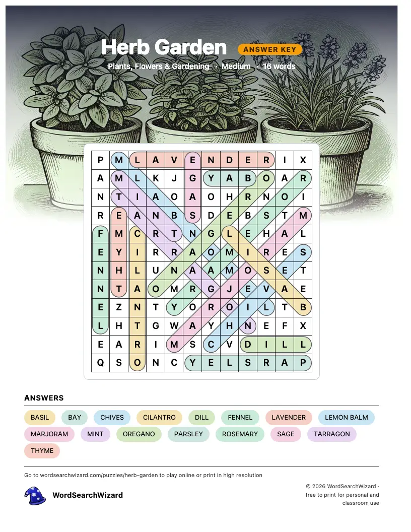 Herb Garden word search answer key, all 16 words marked