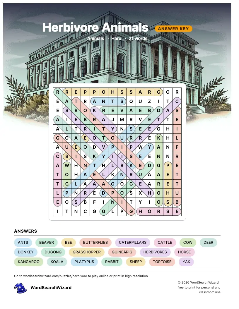 Herbivore Animals word search answer key, all 21 words marked