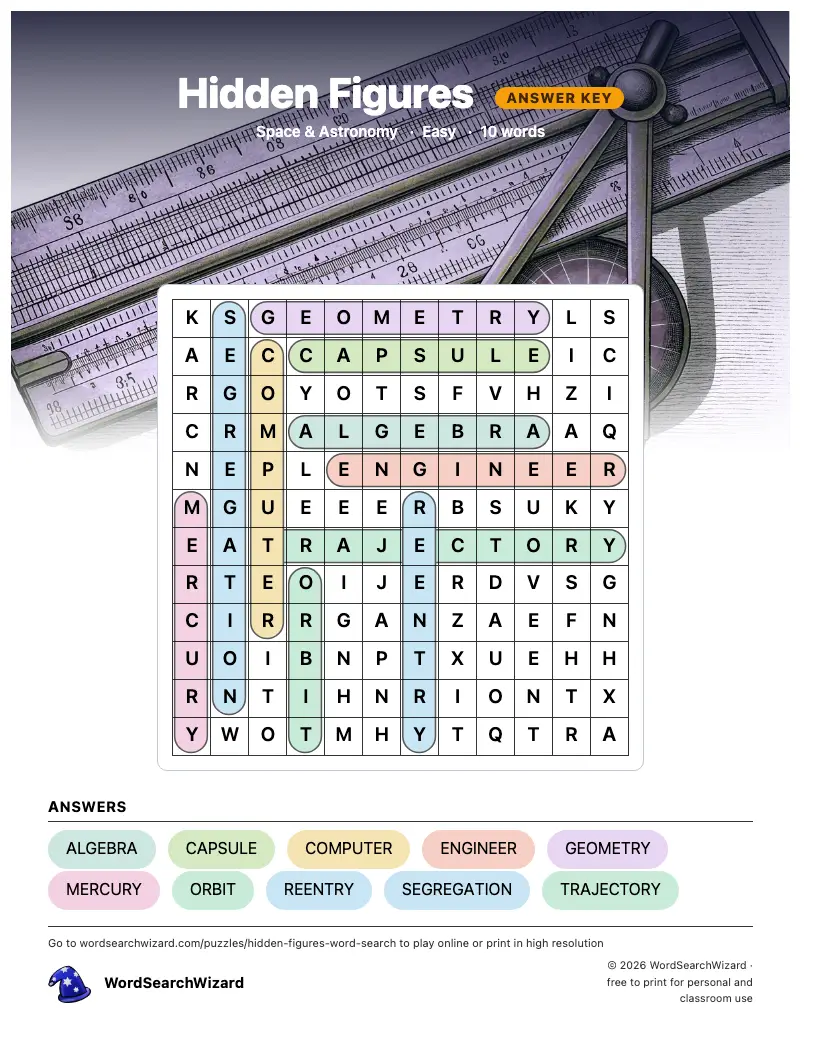 Hidden Figures word search answer key, all 10 words marked