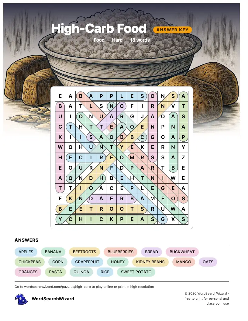 High-Carb Food word search answer key, all 18 words marked