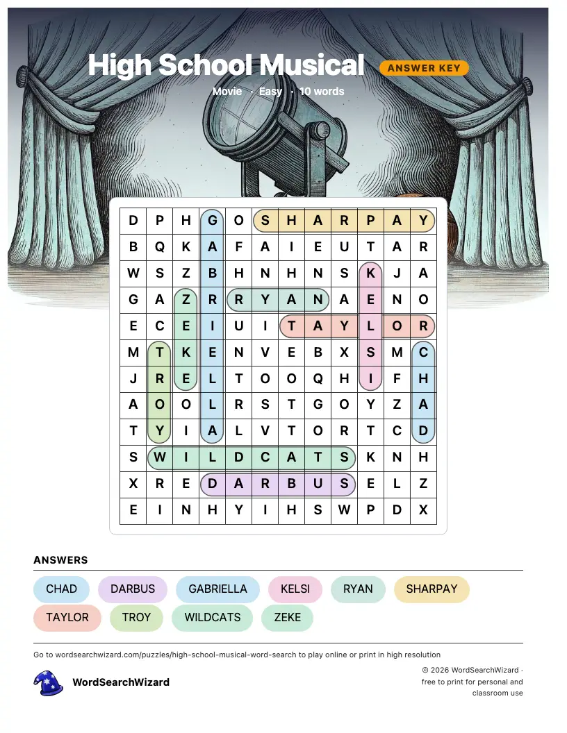 High School Musical word search answer key, all 10 words marked
