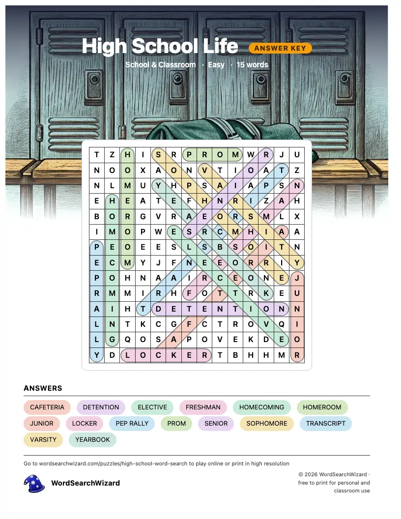 High School Life word search answer key, all 15 words marked