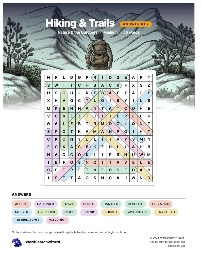 Hiking & Trails word search answer key, all 16 words marked
