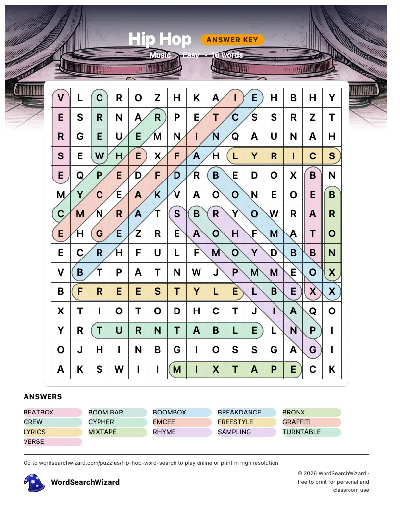 Hip Hop word search answer key, all 16 words marked