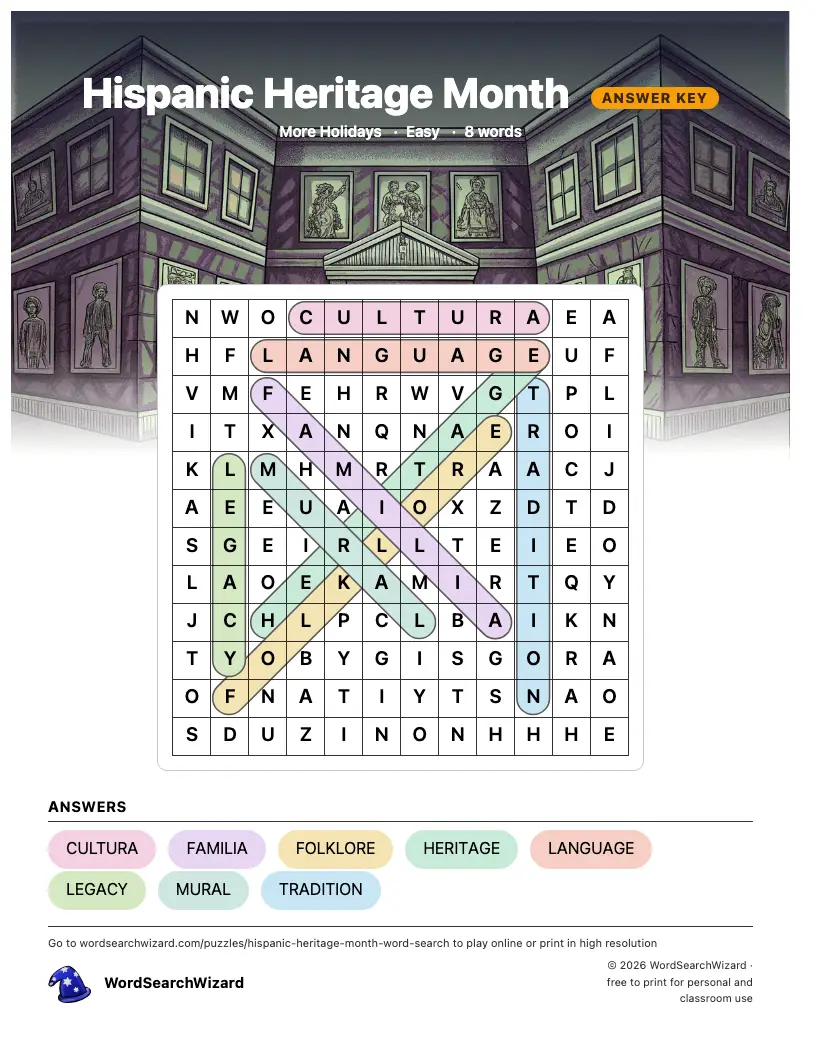 Hispanic Heritage Month word search answer key, all 8 words marked