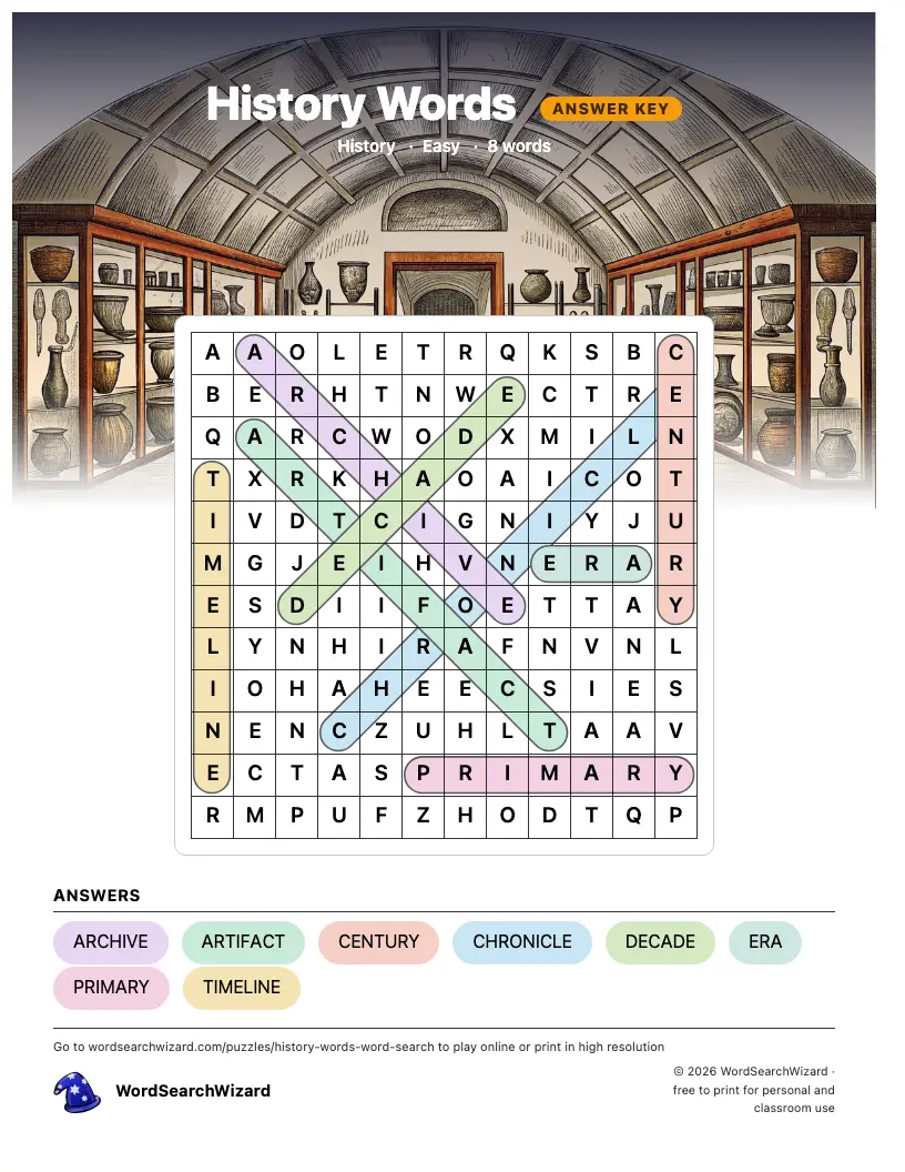History Words word search answer key, all 8 words marked
