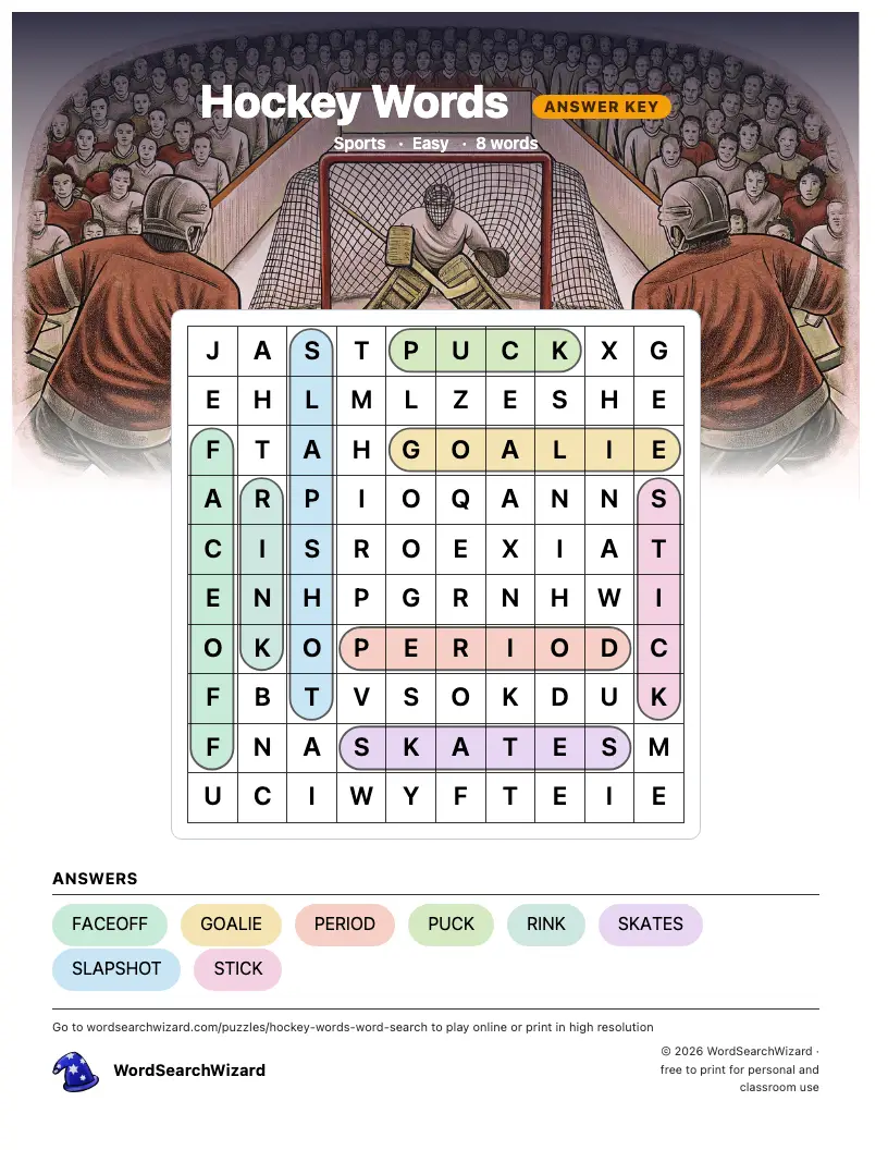 Hockey Words word search answer key, all 8 words marked