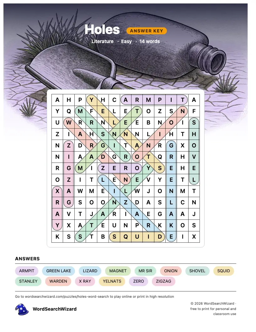 Holes word search answer key, all 14 words marked