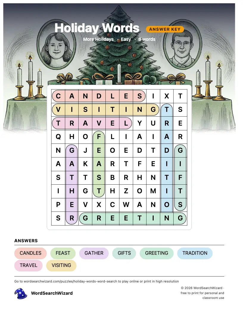 Holiday Words word search answer key, all 8 words marked