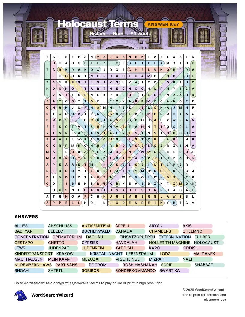 Holocaust Terms word search answer key, all 53 words marked
