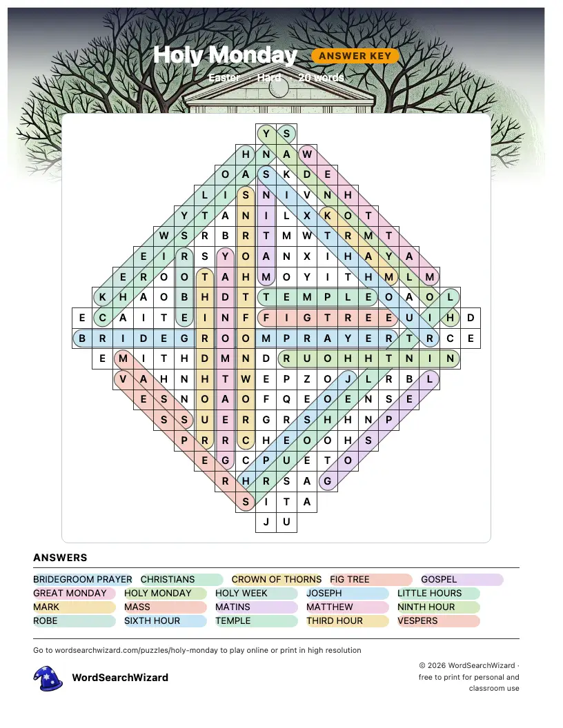 Holy Monday word search answer key, all 20 words marked